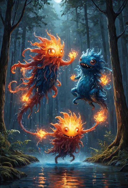 Two cute monsters, a monster of water and a monster of fire, dancing in the forest by moonlight, little fireflies flying around, a fiery monster hugged a water monster and twirls it,, epiCPhoto, ElementsMix, earth, fire, water, wind