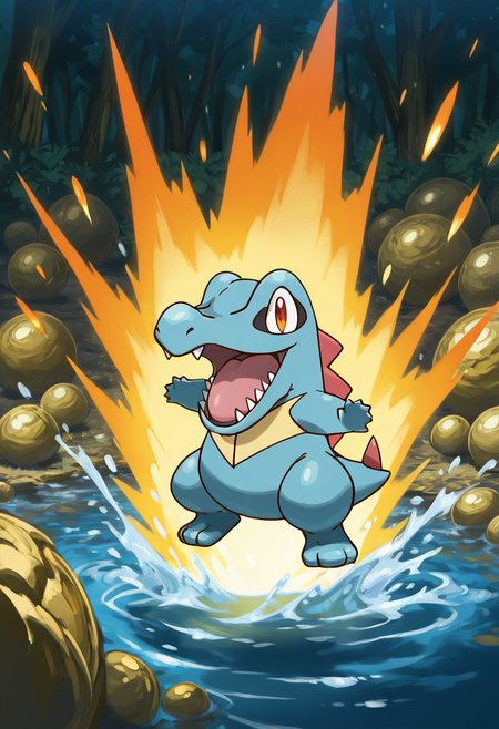 masterpiece, best quality, no humans, solo,    zzTotodile, crouched behind a boulder near a campsite, eyes glowing in the firelight as it prepares to launch a surprise water blast.      ,<lora:TotodilePokedex_IXL:1.0>,