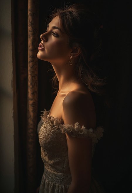Beauty, realism, cinematography, chiaroscuro, rays of light, play of shadow and light, cinematic quality, cinematic style. 
"Side profile of a young woman with delicate features, captured in a dramatic low-key lighting style. The light falls softly on her face, highlighting the contours of her cheeks and collarbone, while leaving the background in deep shadow. She is wearing an off-the-shoulder lace dress, with intricate details visible in the soft lighting. The atmosphere is intimate and serene, with a cinematic focus on the play of light and shadow on her skin, creating a mood of quiet introspection and elegance.",