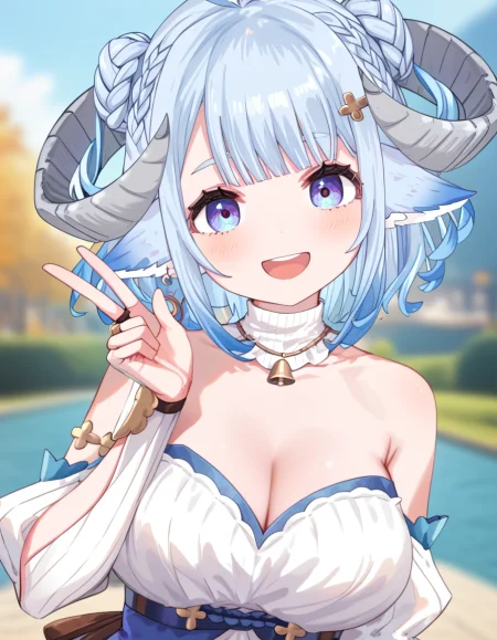 score_9_up, score_8_up, score_7_up, score_6_up, 1girl, (MinaiAruma:1.1), cleavage, strapless, detached sleeves, grey horn, 
posing, v over eye, open mouth, big smile, 
blurry background, <lora:MinaiArumaXL_autismmixPony:1.1>, masterpiece, newest, absurdres