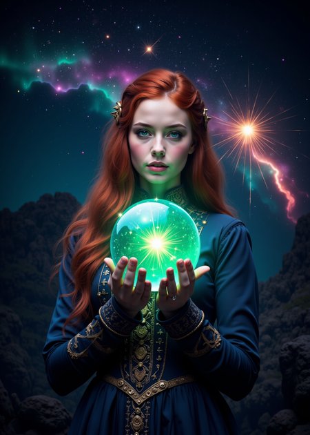 Celtic faerie redhead girl, historic aurora, glowing green eyes, constellation, Chromaplex dress, earth \(planet\), energy, holding energy crystal ball, fireworks, galaxy, glowing, light particles, lips, long hair, looking at viewer, powerful magic, milky way, night, night sky, orb, planet, reflection, shooting star, sky, solo, space, star \(sky\), starry background, starry sky, starry sky print
<lora:midjourney_whisper_innocent_eyes_v01:0.111> midjourney_whisper_innocent_eyes,  <lora:midjourney_whisper_chromaplex_v1:0.222> ,  <lora:Midjourney_Whisper_Chromaplex_Velvet_Myst_v01:0.333> velvet_myst,
wide-angle 10mm lens, hyper realistic, dramatic sky, polarizing filter, vivid colors, sharp focus, HDR