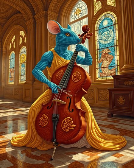 <lora:nule-flux-lora-E4.safetensors:1> nule style
In a grand, ethereal hall bathed in dramatic, high-contrast lighting, a striking blue, mouse-like character takes center stage. The character, a confident and elegant adult with vivid blue fur, stands with a commanding presence, playing a cello with a masterful touch. The fur glistens under the intense, focused light, creating sharp highlights and deep shadows that accentuate its form. The cello, a rich, dark mahogany, stands in stark contrast to the character's fur, adding a luxurious element to the scene.
The character is dressed in a bold, skin-baring outfit that radiates power and allure. The dress, a rich golden-orange, is adorned with intricate, embossed patterns of delicate flowers, each petal and stem meticulously detailed. The fabric is luxurious, with a soft, flowing texture that moves with the character's confident posture. The dress clings to the figure in all the right places, highlighting a strong, graceful form.
The hall is a spectacle of rich, vibrant colors. Large, ornate stained glass windows line the walls, casting a kaleidoscope of colors across the scene. The light is intense and dynamic, creating bold, dramatic shadows that add a sense of movement and energy. The windows depict fantastical scenes of mythical creatures and ancient symbols, adding a mystical and otherworldly touch.
The background is a blend of deep, rich tones and vibrant highlights, with the warm, golden light of the windows contrasting against the cool blue of the character's fur. The floor, a polished marble with intricate patterns, reflects the light, adding another layer of depth and richness to the scene.
This scene, with its bold and dramatic elements, is a perfect blend of fantasy and magical realism, ideal for elevating any living space or office decor with its dreamy elegance and commanding presence.