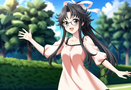 tree, chisa\(memories off 6\), 1girl, solo, glasses, day, cloud, sky, smile, open mouth, outstretched arms, outdoors, palm tree, outstretched arm, :d, blue sky, ponytail, black long hair, black lace edge, peach shirt, spread arms, waving, bush, plant, blush, grass, black eyes, blurry, sidelocks, park, white hairribbon, collarbone, looking at viewer, masterpiece, best quality, very aesthetic, absurdres,  <lora:chisa:1>