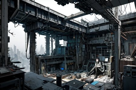 highly insanely detailed, masterpiece, top quality, best quality, highres, 4k, 8k, RAW photo, (very aesthetic, beautiful and aesthetic),  
tsutomu nihei,nihei_tsutomu,blame!,blame gakuen!,abara,TNstyle,sidonia_no_kishi,star \(sky\),starry sky,buildings,dome,machinery,ventilation fan,ventilation shaft,tentacles,drainpipe,wire,gauna,gauna mech,dark sky,black sky,air conditioner,bones,cables,tubes,industrial pipes,lantern,fence,letterboxed,clouds,mist,bridge,concrete walls,metal walls,light particles,walkway,toha heavy industries,vast scenery,perspective,blm,dystopia,destroyed,open space,decrepit,cyberpunk,no human,dark background,futuristic, 
<lora:blamev2:0.3>, 
(1girl:1.3), 
solo focus, 
The messy room filled with super cluttered plants and super cluttered books,âââ