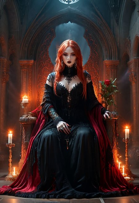 a feminine angel, copper hair, drinking a goblet of blood, in a bohemian cathedral, fangs, Brightly coloured long finger nails, transparent black lace dress, cleavage, thigh tattoo, red cloak, candlelight, large ornate throne, top hat