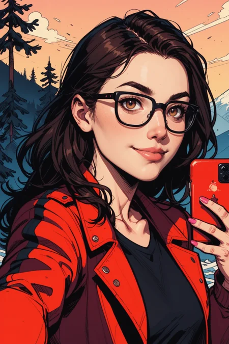 1girl, selfie, solo, phone, outdoors, glasses, cellphone, mountain, jacket, holding, looking at viewer, holding phone, long hair, red jacket, day, smartphone, black-framed eyewear, black hair, upper body, open clothes, black shirt, brown eyes, sky, shirt, closed mouth, smile, tree, open jacket, pink nails, nature, nail polish, pine tree, lips, black eyes, brown hair, a_Comic_Illustration, rough lines with ink, (drawn:1.1), (sketch:1.5), (crosshatching:1.25), (comic style:1.1), graphic novel style, sharp lines, hires, zstyle, (western comics \(style\):1.1), (hatching \(texture\):1.2), zPDXL, Mr_Monster_Possitive, <lora:Expressive_H:0.5>, score_9, score_8_up, score_8_up,