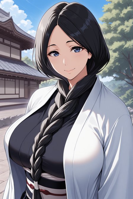 masterpiece, best quality, 1girl, solo,  <lora:unohanaretsu-illu-nvwls-v1_1-000007:1> run0hana, black hair, single braid, dark blue eyes, large breasts, white haori, wide sleeves, black kimono, obi, black hakama, looking at viewer, mature female, smile, blue sky, tree, east asian architecture, upper body