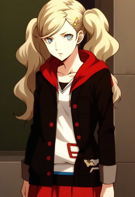 (source_anime), 1 girl, solo, nsfw, cute face, p5ann, twintails, long hair, takamaki anne, blonde hair, hairclip, skirt, uniform, jacket, open clothes, hairclip, hood, miniskirt, sweater, open jacket, black jacket, hoodie,hood down, white sweater, red pantyhose, hooded cardigan, uniform,