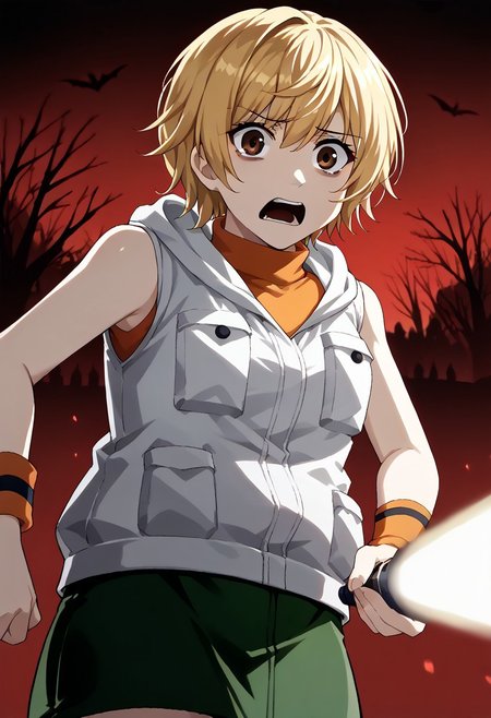 masterpiece,best quality,score_9, score_8_up, score_7_up, source_anime BREAK 1girl, solo, <lora:heathermason-silenthill-richy-v1_pdxl:1>  hthrdf, brown eyes, blonde hair, short hair,(scared,looking at viewer),(white vest,orange sweater, turtleneck, sleeveless, wristband, green skirt, hood down),(cowboy shot),(flpoint, flashlight,holding flashlight,pointing flashlight for viewer),(horror,deep shadows,dark,dark theme,in an amusement park,dark red sky,red theme,red lighting,red light illuminates the girl)