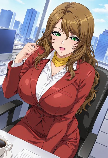 Highest quality,easynegative,
dynamic anglre, dutch angle, 
looking at viewer,indoors,office,sitting on chair, smile, open mouth, coffee, 
Yuko Igarashi,brown_hair, long_hair, wavy hair, green_eyes, huge_breasts,red jacket, suits,shirt,skirt,