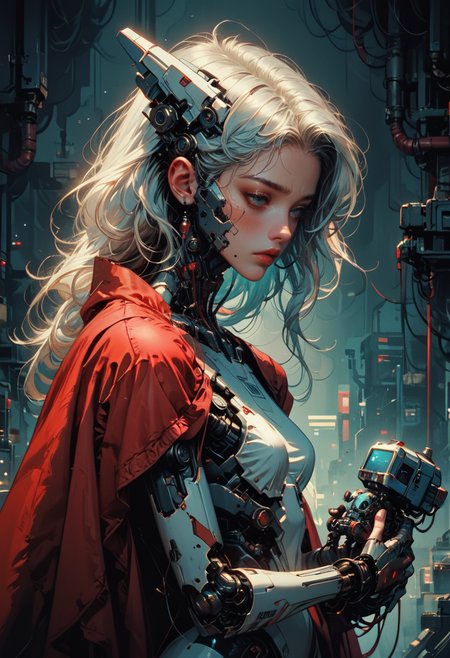 (score_9,score_8_up,score_7_up,), zPDXL, 1girl, doll like, long blue white hair, half closed eyes, sad, (holding a robot:1), holding, red cape, white armor, machinery, science fiction, cable, robot joints, cyberpunk, mechanical parts, radio antenna, intricate details, atmosphere has strong visual impact and striking details, cinematic, realistic, photo, realistic, Retro Futuristic Image, knva, halftone effect, <lora:Kenva:0.5>   <lora:Futuristic_Retro_Vibes:0.5>  <lora:cultistexl:0.6>