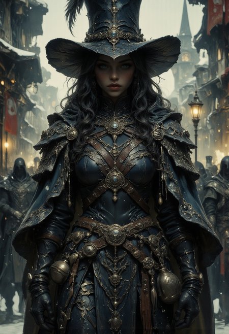 An atmospheric and powerful dark fantasy, natural organic and impressionist classical-style painting of a dark-skinned female elf inquisitor with forest green eyes and a braided hairstyle wearing a long intricate dark cloak. she wears a serious expression to match her delicately woven and intricately adorned silver trimmed studded leather coat and cape. her leather clothes adorned with straps, belts, skull symbols, buckles, silver blade, shadowed face, imperial seal, flasks, large feather in hat, wide brimmed tall hat, chains. Her eyes cast a menacing glow as she walks through the city streets causing many to stare as she passes. winter, occult atmosphere, dark lighting, shadows