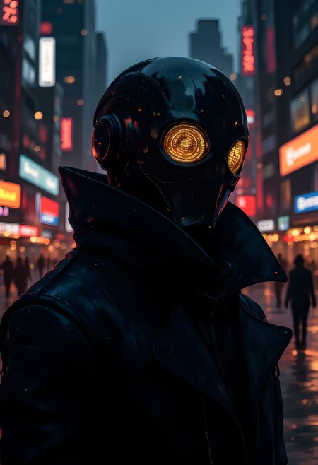 cinna flow, “A futuristic and mysterious character wearing a sleek, black reflective mask with large glowing amber-yellow eyes that resemble illuminated mesh or grid patterns. The mask is glossy, smooth, and sculpted, covering the entire face, evoking a cyberpunk or sci-fi aesthetic. The figure is dressed in a high-collared black textured coat made of leather or a heavy material, adding a noir and stylish touch. The background is an atmospheric, blurred urban scene at night, filled with warm glowing streetlights and bokeh effects, creating a cinematic and moody ambiance. The lighting is soft yet focused, accentuating the reflective surfaces of the mask and coat. High detail, photorealistic, dark futuristic fashion, cyberpunk noir, 4K resolution.”
