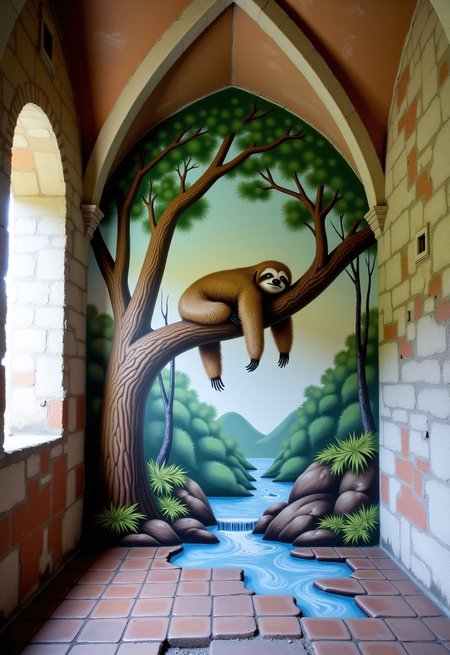 aidmaimageupgrader, a high quality digital image of a large intricately detailed hand drawn mural on a wall within a ruined ancient church, the scene on the mural depicts an adorable sloth relaxing in a tree over a gently flowing river, a little bit of water from the river has spilled out from the mural on to the church floor