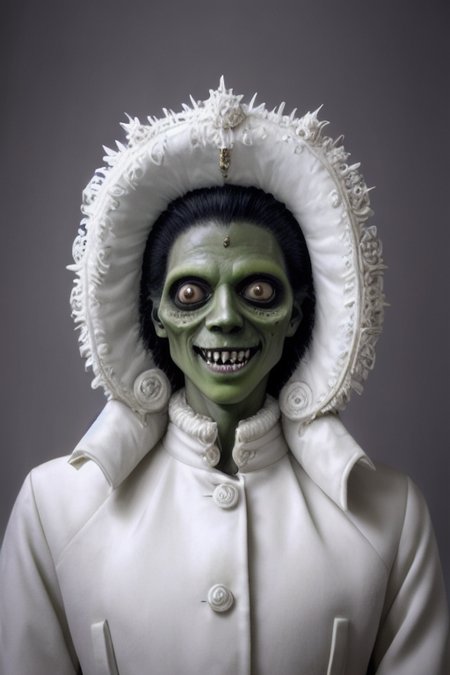 mjthriller portrait of smiling zombie in a very elegant white puffer coat, intricate detail, detailed face, very sharp, high quality, professional photography  <lora:hjmjthriller_v10:0.7>