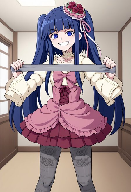 1girl, solo, furudo erika, blue hair, blue eyes, twintails, pink dress, pink bow, long sleeves, hair ornament, pantyhose, choker, shadowed face, crazy smile, grin, standing, Holding tape, grey tape, Unraveling Tape, indoors, cowboy shot,