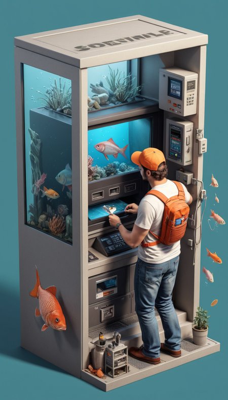 a realistic photo of big ATM machine repairer bumping into Fish , <lora:IPXL_v2:0.3> inkpunk, <lora:Isometric Cutaway:0.8> Isometric Cutaway page,  <lora:Astigmatism_0.5b:0.33>,  <lora:add-detail-xl:2>