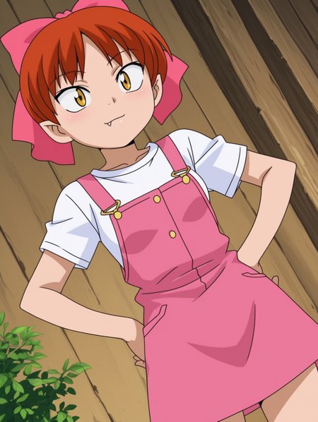 masterpiece, best quality, amazing quality, detailed background, perfect eyes, anime coloring, anime screenshot, 2000s \(style\), 1girl, solo, nekomusume (gegege no kitaro 5), red hair, short hair, choppy bangs, pink hair bow, yellow eyes, small breasts, white t-shirt, short sleeves, pink overall skirt, pink footwear, hands on hips, fang out, dutch angle, cowboy shot, (outdoors),