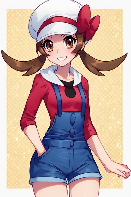 score_9, score_8_up, score_8, medium breasts, (curvy), cute, eyelashes,       BREAK, , ,,, zzLyra, brown eyes, brown hair, twintails, long hair, white cabbie hat, red hat bow, red shirt, blue overalls, <lora:Lyra_Pokemon_PDXL:1.0>, ,,,, BREAK, smile, looking at viewer, cowboy shot, ,,, embedding:zPDXL, Expressiveh, ,,, <lora:PrismaIllya_PDXL_v3:1.0>, <lora:SDXLFaeTastic2400:0.5>, <lora:Expressive_H-000001:0.4>,