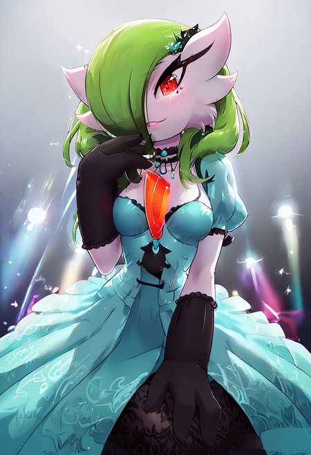 (((gardevoir))), female, furry, (long green hair), pale skin, (score_9, score_8_up, score_7_up), 20 year old, long green hair,  idol dress, perky breasts, hair over breasts, long hair, pretty face, looking at viewer, red eyes, vivid eyes, EGirlMakeup, light freckles, idol outfit, singing, on the stage, volumetric lighting, vivid colours,  g0thicPXL, face focus, Rilex Lenov Art style