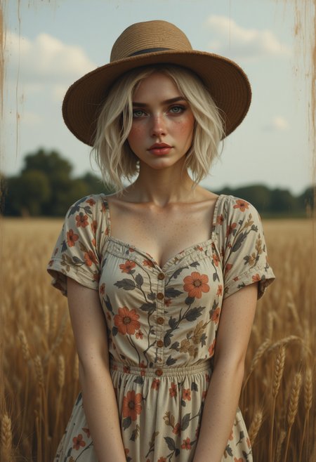 analog film photo 22yo Ukrainian Woman in a simple, vintage 1920s peasant dress with a playful floral pattern knee-length, paired with sturdy brown boots, posing waist-high with a joyful, carefree expression, freckles, wheat field, short bobbed hair under a wide-brimmed straw hat. Hyper detailed captured from a front view highlighting a nostalgic and cheerful composition, playful pose, photorealistic, soft vibrant colors, ultra detailed, skin pores, sharp focus, studio photo, intricate details, highly detailed., <lora:aidmaFLuxPro1.1_v0.3:0.5> aidmafluxpro1.1 . <lora:OBååå®èåç»V2.0:0.6> obxiaoxiang <lora:FluxD3tailedP0rtraits:0.4> . faded film, desaturated, 35mm photo, grainy, vignette, vintage, Kodachrome, Lomography, stained, highly detailed, found footage