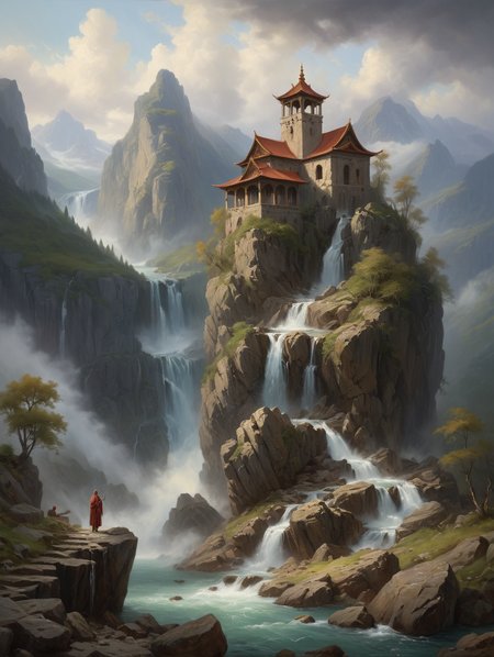 oil painting ,
 A lonely hermitage high up on a rugged rocky outcrop, 34K uhd, masterpiece, high detail, 8k, intricate, detailed, high resolution, high res, high quality, <lora:add-detail-xl:1.8>, highly detailed, Extremely high-resolution details, fine texture,