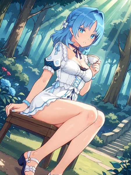 score_9, score_8_up, score_7_up, source_anime, BREAK
(detailed face, detailed eyes, portrait, closeup:1.5), (beautiful forest garden, perfect lighting, god rays, bloom:1.5),  outdoors, daytime,teeth, pov, parted lips, (bare legs:1.5), sandals, white footwear, beautiful forest garden, grass, dirt path, antique mansion, outdoors, daytime, sitting in garden chair, white chair, white table, drinking from teacup, side view, next to round garden table, (perspective, dutch angle:1.3), BREAK
<lora:Genshin_NPC_MaryAnn_Pony_v1:0.8>, (long eyelashes, thick eyelashes:1.5), 1girl, solo, shiny hair, blue hair, shiny blue eyes, blue nails, nail polish, toenail polish, bow, ribbon, jewelry, collarbone, cleavage, choker, medium hair, puffy white sleeves, short sleeves, white dress, (frills, lace:1.5), french braid, bracelet, hair intakes, medium breasts, lips, (wide hips, thicc thighs:1.3)