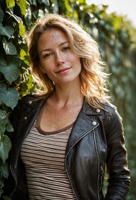 Stunning photo of a 41 years old Dutch woman,  sideview, selfie, striped t-shirt, leather jacket, leather pants, very pretty, fit, skinny, highly detailed face, highly detailed skin, freckles, many freckles on arms and tits, freckles and moles all over body, natural breasts, perfect breasts, hard nipples, Rounded ass, blonde hair, pubic hair, messy hair, medium hair, brown eyes, highly detailed skin, highly detailed face, shy smile, very much in love with viewer, gentle morning light touching her cheeks, foggy, against an old ivy covered wall, ultra realistic, extremely detailed, 35mm, film grain, masterpiece, sharp focus, shot on Kodak, lens flare, cinematic, (ultra high res: 1.2), (photo-realistic: 1.3) (skin pores: 1.1)