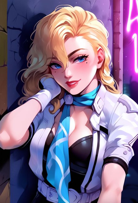 masterpiece, best quality, score_9, score_8_up, score_7_up, 1girl, hand on hair, leaning over, looking at the viewer, tilted head, calm face,  futuristic city, street, neon signs, blur background hirokosmtii, long hair, blonde hair, mole under eye, blue eyes, thighhigh boots, black bodysuit, legless bodysuit, gartelt belt, scarf, gloves, cleavage, white jacket, short sleeves, garterbelt, leather clothes, bare thighs, seductive, leaning against wall, cowboy shot, night, night sky,