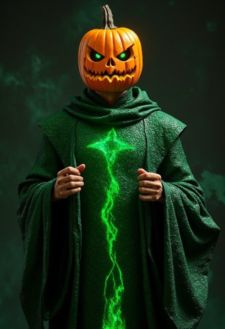 The mysterious and ethereal Pumpkin Man has a pumpkin face and a pair of sharp green eyes that radiate wisdom. He is a pumpkin-incarnated man with a mysterious expression and a neatly trimmed beard. He wears a robe from the Star Wars movie with a glowing dark green luxurious pattern, full of shining mystery.