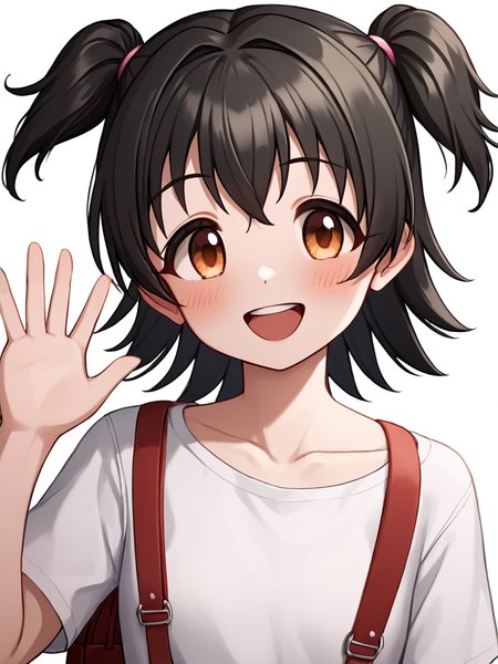 score_9,score_8_up,score_7_up, <lora:idolmaster_cinderella_all:1>ï¼1girl, absurdres, akagi miria, black hair, blush, collarbone, commentary request, highres, holding strap, looking at viewer, one side up, randoseru, red bag, simple background, smile, solo, upper body, upper teeth only, waving, white background