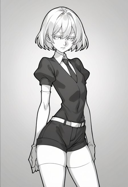 score_9, score_8_up, score_7_up, source_anime BREAK 1girl, solo, <lora:daicombo-artist-richy-v1_pdxl:1> standing, monochrome, greyscale, <lora:Hoseki_HousekiNoKuni_Diamond_PDXL_v1:0.7> hskdmnd, white eyelashes, short hair, black shirt, puffy short sleeves, collared shirt, black necktie, elbow gloves, white gloves, black shorts, white thighhighs,