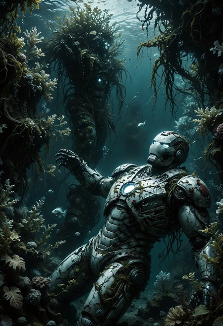 A deep underwater scene with a sunken iron man armor, surrounded by vines that move like ghostly sea creatures in the dark waters.
<lora:add-detail-xl:0.35> <lora:MJ52:0.18> <lora:ral-anmwrlds-sdxl:0.3> ral-anmwrlds <lora:ral-porcelain:0.4> ral-porcelain <lora:ral-cltc:0.1> ral-cltc <lora:ral-dissolve:0.25> ral-dissolve <lora:zavy-mthcl-sdxl:0.2> <lora:SDXLFaeTastic2400:0.2>  <lora:WildcardX-XL-Detail-Enhancer:0.5>