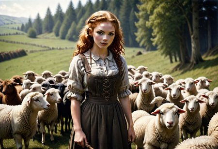 redhead, woman 18 yo, very red curly hair, ginger,
Analog film photograph, extremely detailed, photorealistic, professional photograph,
1girl, grrrl,
wearing homespun peasant dress,
shepherdess holding a shepherd's crook, flock of sheep,