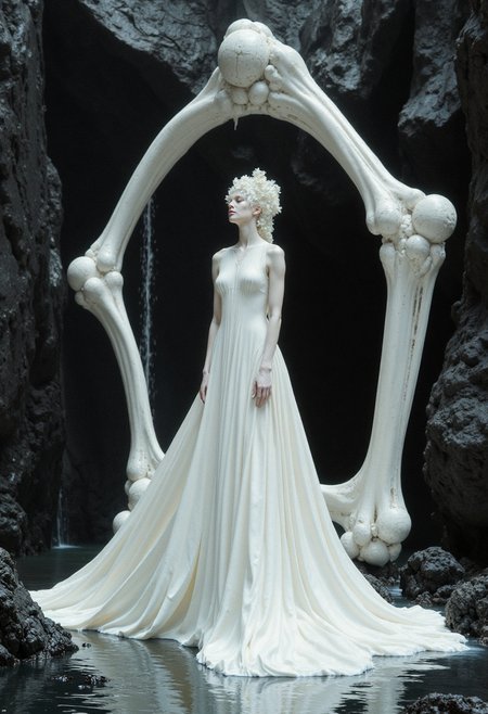 　　,A porcelain-skinned woman, her form rendered with smooth, geometric precision, stands in a serene landscape of ebony and ivory.  Abstract bone-like structures, reminiscent of a skeletal ribcage, frame her, creating a stark contrast against the flowing lines of her white dress.  Subtle textures, like the sheen of oil on water, ripple across the scene.  Her expression is serene yet melancholic, her eyes closed in quiet introspection. The overall impression is one of stark beauty and tranquil grief, a meditation on the ephemeral nature of existence.White liquid metal,gray sky,cloud