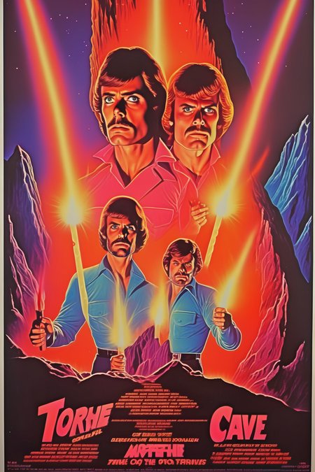 <lora:Movie Poster:1>Movie Poster - movie poster in the style of Richard Amsel, two men in front of a glowing cave with torches