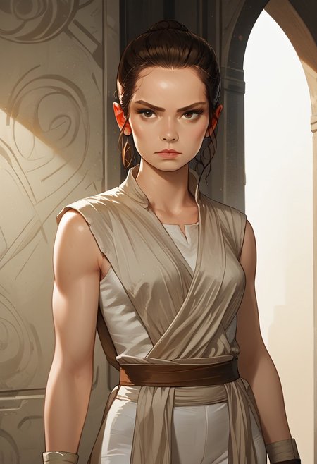 score_9, score_8_up, score_7_up, score_6_up,
1 girl , big eyes, 1 gorgeous girl)
Rey, 1girl,  solo, brown hair, brown eyes,
sleeveless, jedi, white cloth, white pants, bandages,
standing in front of the viewer,
portrait picture
