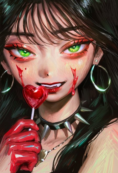 <lora:bGV0c2ZpbmFsYW5zd2Vy-noobaiXLNAIXL_epsilonPred_V110_V1-CAME>, bGV0, 1girl, candy, food, solo, jewelry, green eyes, blood on face, lollipop, holding candy, earrings, black hair, looking at viewer, blood, holding lollipop, holding food, holding, necklace, blood on hands, portrait, spikes, smile, makeup, hoop earrings, teeth, long hair, eyelashes, parted lips, black background, spiked collar, red lips, eyeshadow, hand up