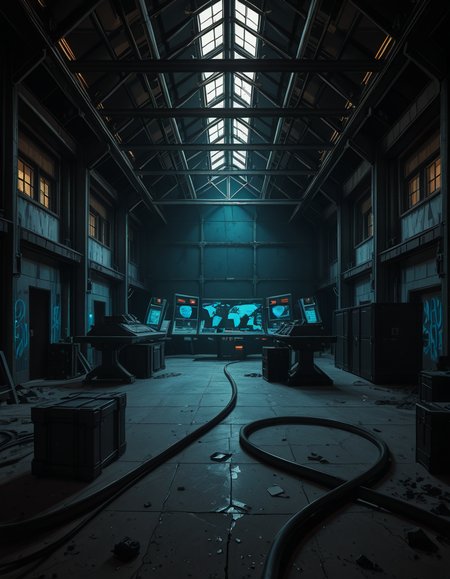 A dark, abandoned warehouse transformed into a villain's secret lair. The structure is massive and industrial, with rusted steel beams, shattered windows, and crumbling concrete walls covered in old graffiti. The floor is dusty and cracked, with scattered debris and oil stains. Dim red and blue lights glow from hidden sources, casting eerie, atmospheric shadows throughout the space. In the center, a high-tech command station glows with holographic maps, control panels, and futuristic computer screens. Advanced equipment, weapons racks, and strange scientific devices are neatly arranged on steel tables. Thick black cables snake across the floor and dangle from the ceiling. Makeshift metal dividers and reinforced crates create hidden zones for operations and storage. The setting is cinematic, mysterious, and tense, with dramatic lighting, high contrast between dark corners and glowing tech, and a realistic, moody art style â like a scene from a dystopian sci-fi thriller. No people or figures are present. 
<lora:SDXLFaeTastic2400:0.4> <lora:extremely_detailed:0.4> extremely detailed,villain secret l41r, <lora:villain_secret_l41r-i:1>, Masterpiece,best quality,hi res,8k,hi res,8k,award winning,(sharp focus, intricate, highly detailed),