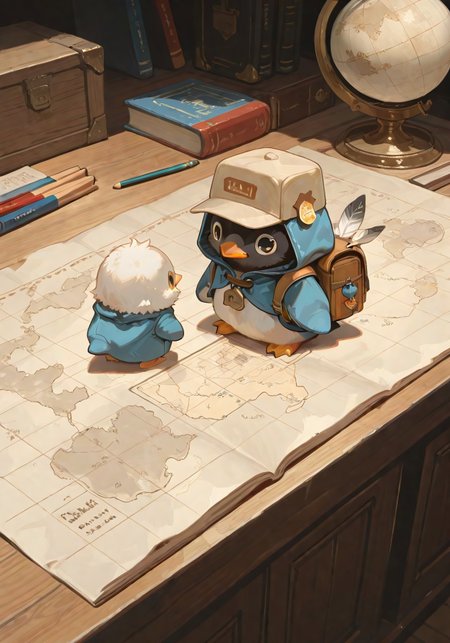 masterpiece, newest, absurdres, incredibly absurdres, best quality, amazing quality, very aesthetic, newest, no lineart, no outline, no humans, animal, A full-body portrait of a cute baby penguin dressed as a little traveler, with fluffy feathers and big round eyes, wearing a miniature hooded cloak and a small explorer's cap. The penguin is holding a large map almost as big as itself, and has a tiny backpack filled with rolled-up maps, pencils, and other exploration tools. A tiny globe-shaped charm dangles from the map. The penguin stands on a rocky surface with a curious and determined expression, ready for an adventure,
depth of field, usnr, S4bit4mago_illu