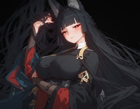 (score_9,score_8_up,score_7_up), masterpiece, best quality, Expressiveh, 1girl, red eyes, (red eyelashes), white pupils, blunt bangs, (fox ears:1.2), (cute face), side brides, (black hair), (very long hair), light pink lips, straight hair, (perfect hands), shiny skin, sweat body, oily skin, semi big breasts, wide hips, thick thighs, (cinematic light), volumetric lighting,
zzzmiyabi, red dress, black dress,
expressionless, blush, looking at viewer, light smile,
dark red background,
floating hair, hand on own hair,
<lora:Expressive_H:0.8>, <lora:zzzmiyabi.pony:0.85>, <lora:AIã¤ã©ã¹ããããã:0.65>, <lora:QTY-Pony_DetailV2.0:0.8>,