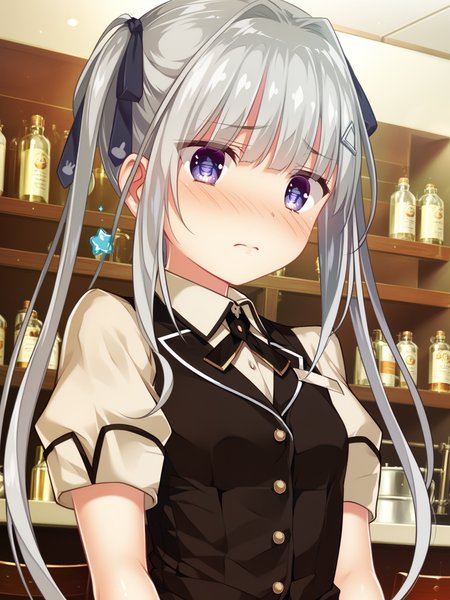 <lora:happy_tentacle-kuon-v0.2-000030:1>, ht_kuon, waitress, collar, black vest, miniskirt, dress shirt, collared shirt, hair ornament, hair ribbon, apron , indoors, 1girl, solo, upper body , , (embarrassed :1.1), , looking at viewer , , , score_9, score_8_up, score_7_up, score_6_up, score_5_up, score_4_up