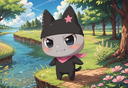 safe_pos, score_9_up, score_8_up, score_7_up, score_6_up, (detailed art style, shiny skin, detailed eyes) (chibi) 1boy, Kuromametchi, grey skin, black cat ears, pink star ear marking, big eyes, black eyes, blush, blush stickers, cute little fang, ear piercings, black bodysuit, pink bandana,  (detailed scenery, detailed background : 1.1), outside, afternoon, verdant park, marsh, (verdant greenery, trees, lush bushes, grass, grassy lawn, wildflowers, water, lake)