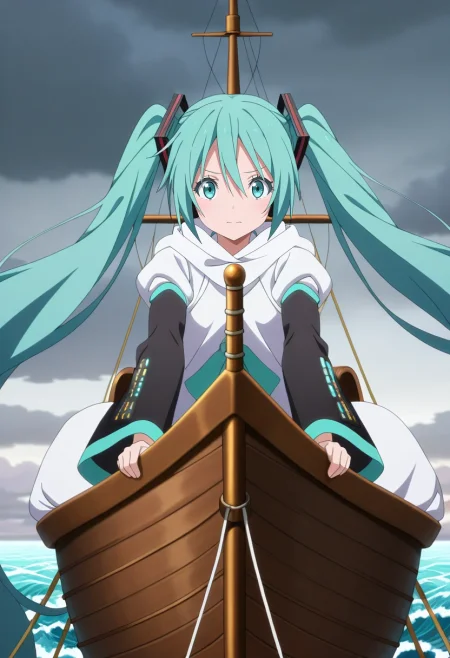 masterpiece, best quality, anime screencap, anime coloring, official style, , looking at viewer, 1girl, hatsune miku, aqua eyes, aqua hair, twintails, hair between eyes, long hair, solo, sailing ship, billowing sails, rough waves, distant land, navigating pose, steady expression, overcast sky, <lora:tensura_style_ilxl:1>, tensura_style,