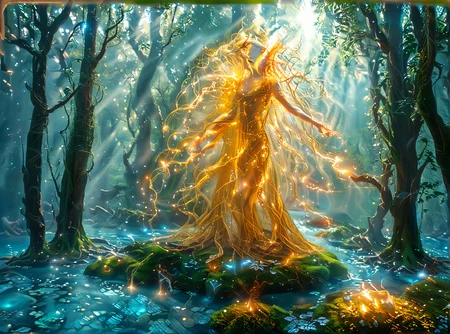 1girl, lake, river.
She is a being made of millions of golden threads; she is majestic, capable of touching your soul with a simple glance. This being is called Eltirion.
Eltirion has no strict form, but she prefers to resemble a woman. sHe finds their bodies harmonious. She loves harmony.
At this moment, Eltirion is enjoying himself floating above an enchanted forest. She is remaking the world, after all, she is a god. in the image depicts Eltirion using his powers to remake the forest, a massive effect power
  <lora:3nch4nt3d_f0r3st:1> <lora:Add_Details_v1.2:1> <lora:Mystic_Lumina_r1:1> <lora:Realistic-Fantasy-style_flux1D_LOREVER:1> <lora:slg_v30:1> <lora:å·¨ç¥_FLUX_lora_v1:1>  <lora:ymnmpi196a29e8950n39e6:1.9> <lora:FC Flux Perfect Busts:1.7>