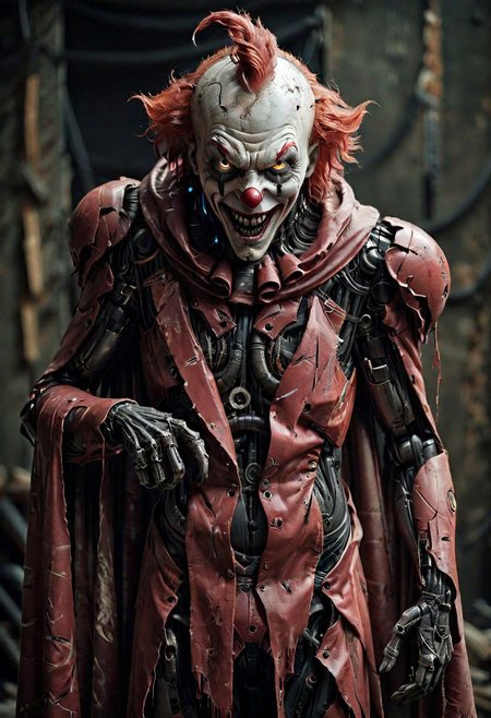 (Pointing Finger At Viewer), a vintage photo depicting a mechanical hybrid seer cyborg giant costumed AS Horror Freak Clown emerging from a tattered linen cloak, adorned with numerous eyes, infront a dystopian, neon dark backdrop, distorted shapes,
very detailed, atmospheric haze, Film grain, cinematic film still, shallow depth of field, highly detailed, high budget, cinemascope, moody, epic, OverallDetail, gorgeous, 2000s vintage RAW photo, photorealistic, candid camera, color graded cinematic, eye catchlights, atmospheric lighting, skin pores, imperfections, natural, shallow dofintricate, elegant, fantasy art, portrait, dark, retro, ecstatic, plain, powerful, realistic, profoundly red dark color