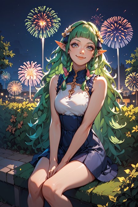 score_9, score_8_up, score_7_up, score_6_up
<lora:FESothis:1.0>
FESothis, 1girl, green hair, long hair, blunt bangs, pointy ears, looking at viewer, sitting, at night, fireworks, park, looking up, smile