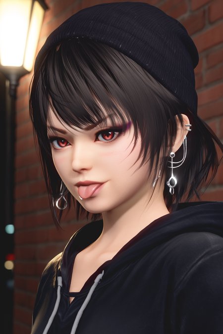 score_9,score_8,score_7_up,ultra detailed,realistic,high_contrast,  kanna \(doa\), 1girl,black hair,v-shaped eyebrows, black eyebrows, red eyes, slit pupils, black eyelashes, purple eyeliner, (sliver threader earrings),single_earring,  bob cut, short_hair_with_long_locks,blunt_bangs, moody nighttime atmosphere, v, tongue out, oversized hoodie,black beanie, oversized clothes, dark eyeshadow, eyeliner, black lipstick, punk, collarbone, very close-up,from side, BREAK rim lighting,dark moody, low-light.night,street,alley,    <lora:doa_kanna_pdxl_v11:1.0000000000000002>