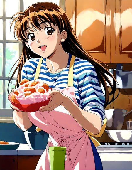 <lora:pony_xl_ryoko:0.8>,ryoko,score_9,score_8_up,score_7_up,source_anime,1girl,solo,looking at viewer,kitchen,apron,striped_shirt,shorts,happy,light_blush,cooking,holding_plate,