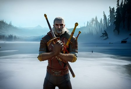 geralt as a (nutcracker), holding a sword, 
high guard sword parry stance,
at a frozen lake,
game screenshot,
looking at the camera,
sfw